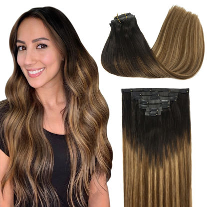 Picture of GOO GOO Seamless Clip In Hair Extensions Remy Real Human Hair Extension with Invisible PU Skin Weft 18 Inch 130g 7pcs Dark Brown Fading to Chestnut Brown and Dirty Blonde Natural & Thick & Straight Hair Extensions for Women