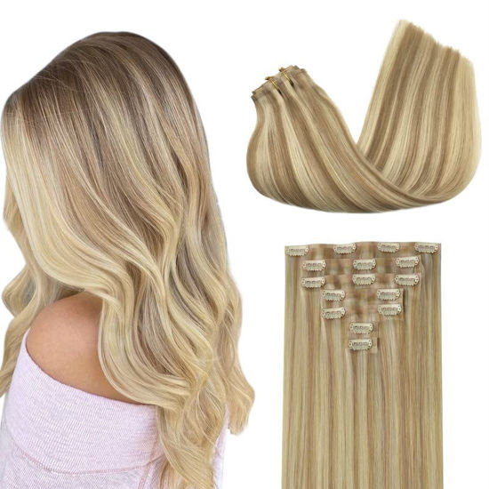 Picture of GOO GOO Seamless Clip In Hair Extensions Remy Real Human Hair Extension with Invisible PU Skin Weft 18inch Dark Blonde Highlighted Bleach Blonde Natural & Thick & Straight Hair Extensions for Women