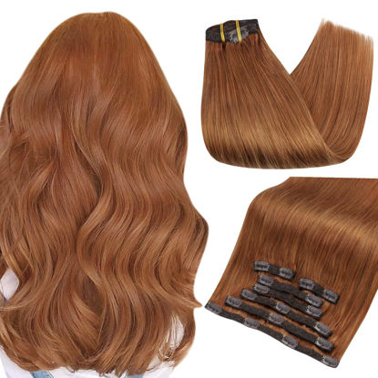 Picture of Full Shine Clip in Hair Extensions Human Hair 20 Inch Copper Remy Hair Clip in Extensions Double Weft Straight Natural Clip in Human Hair Extensions 120 Grams 7Pcs Auburn Red Color