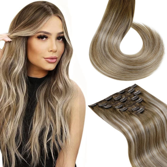 Picture of LAAVOO Ombre Clip in Hair Extensions Light Brown to Platinum Blonde Mix Brown 20 Inch Hair Extensions Clip ins Human Hair Balayage Extensions Natural Double Weft Thick Ends for Long Hair 7pcs 120g