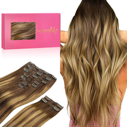 Picture of WENNALIFE Clip in Hair Extensions, 150g 18 Inch 9pcs Balayage Chocolate Brown to Caramel Blonde Human Hair Extensions Thicker Clip in Hair Extensions Real Human Hair Clip Set Double Weft