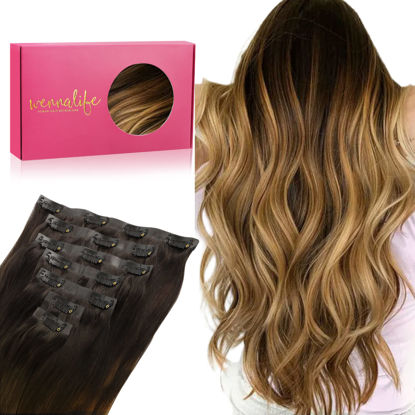 Picture of WENNALIFE Seamless Clip In Hair Extensions, 18 Inch 130g 7pcs Dark Brown to Chestnut Brown and Dirty Blonde Hair Extensions Clip in Human Hair Invisible PU Skin Weft Remy Human Hair Extension