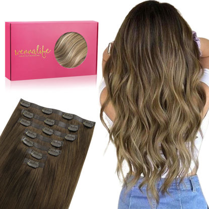 Picture of WENNALIFE Seamless Clip In Hair Extensions, 18 Inch 130g 7pcs Ombre Walnut Brown to Ash Brown and Bleach Blonde Hair Extensions Clip in Human Hair Invisible PU Skin Weft Natural Remy Human Hair Extensions