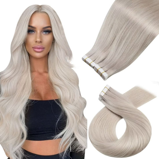 Picture of Moresoo Blonde Hair Extensions Tape in Human Hair 20 Inch Seamless Tape in Hair Extensions 40pcs Tape in Thick Hair Extensions Human Hair #60A White Blonde Remy Hair Extensions Glue in 100g