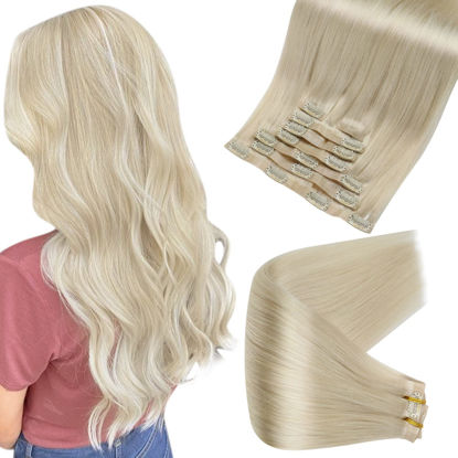 Picture of Full Shine 20 Inch Clip in Hair Extensions Blonde Human Hair 8Pcs 120 Grams Platinum Blonde Hair Extensions Clip in Human Hair Invisible Remy Extensions for Women Clip ins