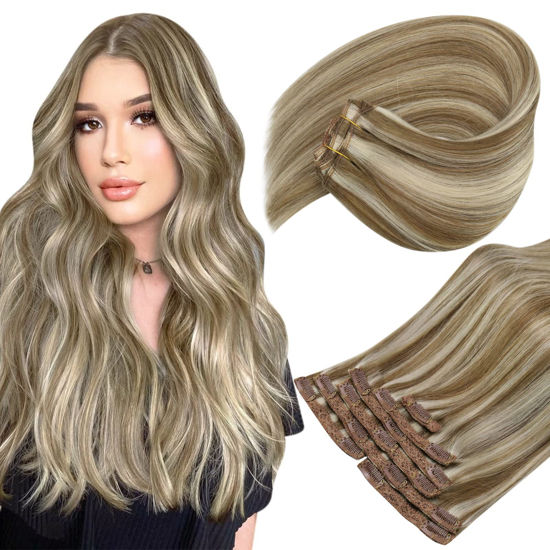 Picture of Sunny Hair Extensions Clip In Real Human Hair Highlights Clip In Human Hair Extensions Light Brown Highlights Platinum Blonde Straight Human Hair Clip in Extensions Highlights Double Weft 22Inch