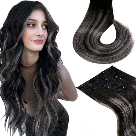 Picture of LAAVOO Ombre Clip in Hair Extensions Off Black Fading to Silver Grey 22inch Balayage Clip in Extensions Remy Human Hair Silky Straight Full Head Set 7pcs 120g