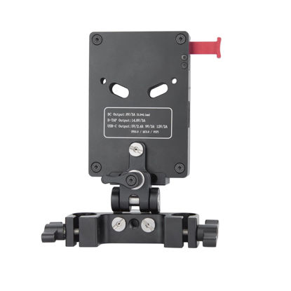 Picture of Nitze V Mount Battery Plate with 15mm Rod Clamp and Adjustable Arm, 8V/3A DC, 14.8V/3A D-tap and PD 3.0 USB-C Output Ports V Mount Plate - N21-D7B