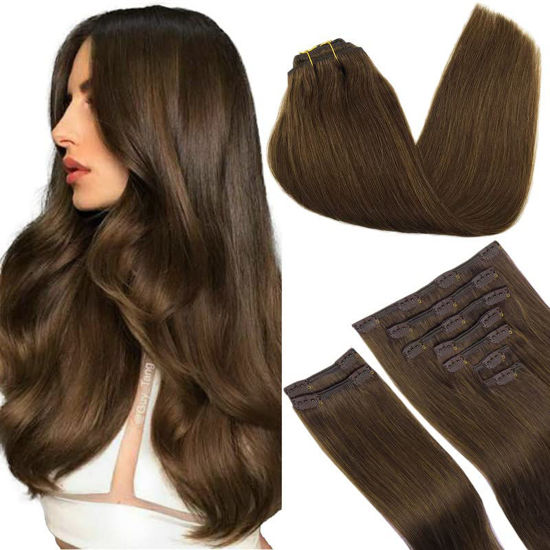 Picture of GOO GOO Clip-in Hair Extensions for Women, Soft & Natural, Handmade Real Human Hair Extensions, Chocolate Brown, Long, Straight #4A, 9pcs 150g 20inch