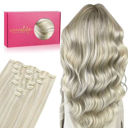 Picture of WENNALIFE Seamless Clip In Hair Extensions Human Hair, 18 Inch 130g 7pcs Ash Blonde Highlighted Platinum Blonde Real Hair Extensions Clip in Human Hair Invisible PU Skin Weft Natural Remy Human Hair Extensions