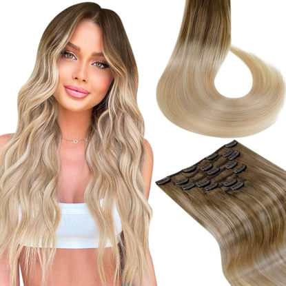 Picture of LAAVOO Blonde Ombre Hair Extensions Real Human Hair Clip ins Light Brown Fading to Ash Blonde Mix Platinum Blonde Balayage Remy Clip in Hair Extensions Full Head 20 inch 120g 7pcs