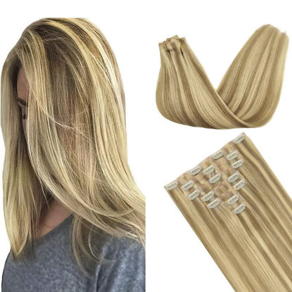 Picture of GOO GOO Seamless Clip in Hair Extensions, 100% Real Human Hair Extensions with Invisible PU Skin Weft, 16inch 130g 7pcs Light Blonde Highlighted Golden Blonde Hair Extensions, Long Hair for Women,