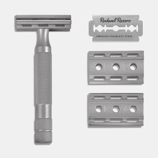 Picture of ROCKWELL RAZORS 6S Stainless Steel Double-Edge Safety Razor with 6 Adjustable Shave Settings and 5 Blades, 8 Piece Set, Silver