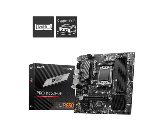 Picture of MSI PRO B650M-P ProSeries Motherboard (AMD AM5, mATX, DDR5, PCIe 4.0, M.2, SATA 6Gb/s, USB 3.2 Gen 2, HDMI/DP, AMD Ryzen 7000 Series Desktop Processors)