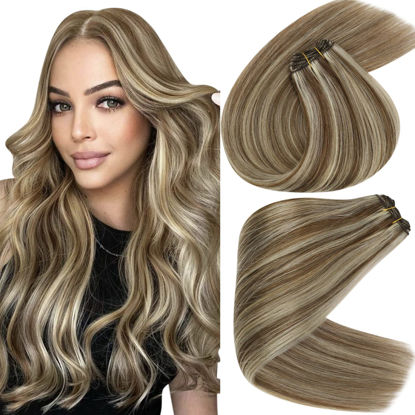 Picture of Sunny Weft Hair Extensions Brown Blonde Weft Hair Extensions Human Hair Highlights Human Hair Weft Extensions Light Brown Mix Platinum Blonde Sew in Hair Extensions Real Human Hair 100g 22inch