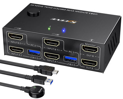 Picture of USB 3.0 Dual Monitor KVM Switch HDMI 4K@60Hz 2K@144Hz Simulation EDID, MLEEDA USB HDMI Extended Display Switcher for 2 Computers Share 2 Monitors and 4 USB 3.0 Ports,Wired Remote and Cables Included