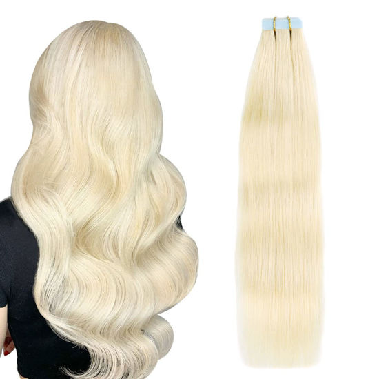 Picture of SUYYA Tape in Hair Extensions Human Hair Bleach Blonde 28 Inch 60g/pack 20pcs Straight Seamless Skin Weft Tape in Real Human Hair Extensions(28inch #613 Bleach Blonde)