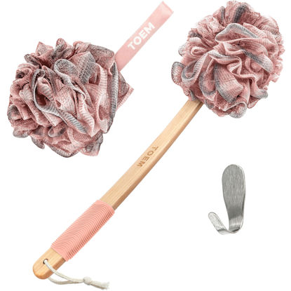 Picture of Toem Loofah Back Scrubber for Shower | Bamboo Charcoal Fiber Infused | Loufas for Men & Women | Includes 1 Long Handled Shower Sponge, 1 Bath & Shower Luffa Pouf & 1 Hook to Hang Stuff (Rose Pink)