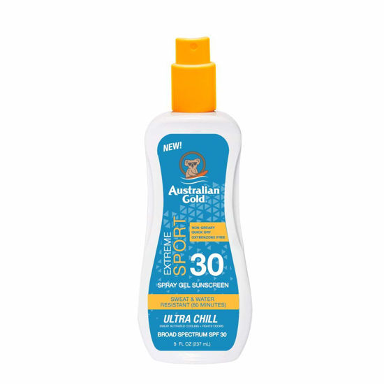 Picture of Australian Gold Extreme Sport Spray Gel Sunscreen SPF 30, 8 Ounce | Broad Spectrum | Sweat & Water Resistant | Non-Greasy | Oxybenzone Free | Cruelty Free