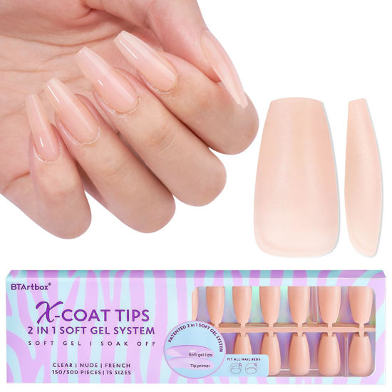 Picture of BTArtbox Coffin Nails Tips - Gel Nail Tips 2 in 1 Neutral X-Coat Tips Pre-applied Tip Primer, Pre Colored Soak Off Fake Nails Press On Nails Quick Manicure Daily Use 150Pcs 15 Sizes