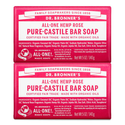 Picture of Dr. Bronner's - Pure-Castile Bar Soap (Rose, 5 ounce, 2-Pack) - Made with Organic Oils, For Face, Body and Hair, Gentle and Moisturizing, Biodegradable, Vegan, Cruelty-free, Non-GMO