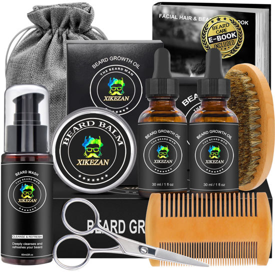 Picture of XIKEZAN Beard Growth Kit,w/Beard Growth Oil,Beard Conditioner,Beard Wash,Balm,Comb,Brush,Scissor,Bag,EBook,Beard Care Grooming Kit Christmas Stocking Stuffers Gifts for Men Him Husband