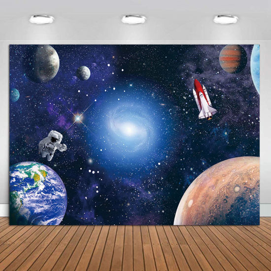 Picture of CGXINS Outer Space Backdrop for Baby Kids Astronaut Themed Birthday Party Decoration 7x5ft Universe Galaxy Stars Newborn Baby Shower Photo Background Photography