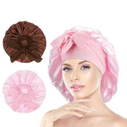 Picture of Arqumi Pack of 2 Satin Sleeping Bonnet, Large Satin Sleep Bonnet with Long Strap, Adjustable Sleep Cap Hair Bonnet for Women & Men, Pink+Brown