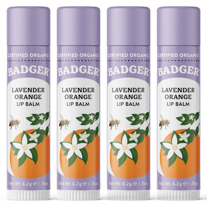 Picture of Badger - Classic Lip Balm, Lavender & Orange, Made with Organic Olive Oil, Beeswax & Rosemary, Certified Organic, Moisturizing Lip Balm, 0.15 oz (4 Pack)