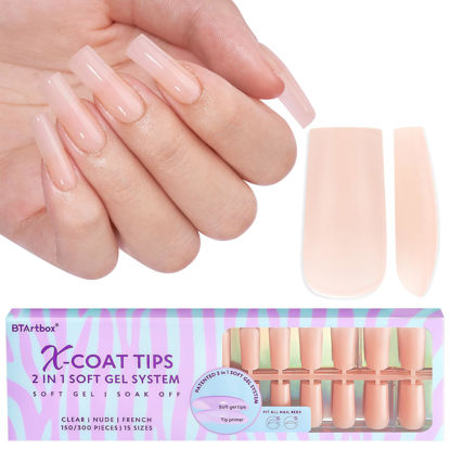 Picture of Gel Nail Tips Square - BTArtbox Press On Nails 2 in 1 Neutral X-coat Tips Pre-applied Tip Primer, Pre-colored Ultra Fit Full Cover Soft Gel Fake Nails 150 Pcs for Nail Art Extension 15 Sizes