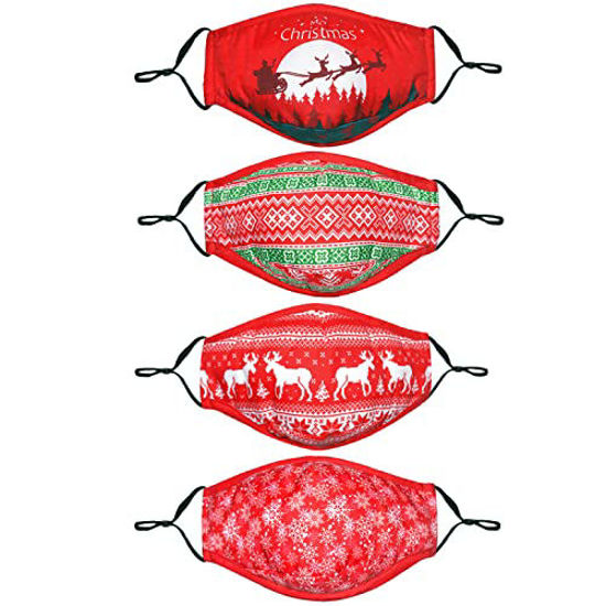 GetUSCart- Christmas Face Mask Merry Christmas Gifts for Men Women Designer  Red Xmas Navidad Cloth Breathable Reusable Washable Adjustable Nose Wire  Cubre Bocas 4 Pack Printed Comfortable Fabric