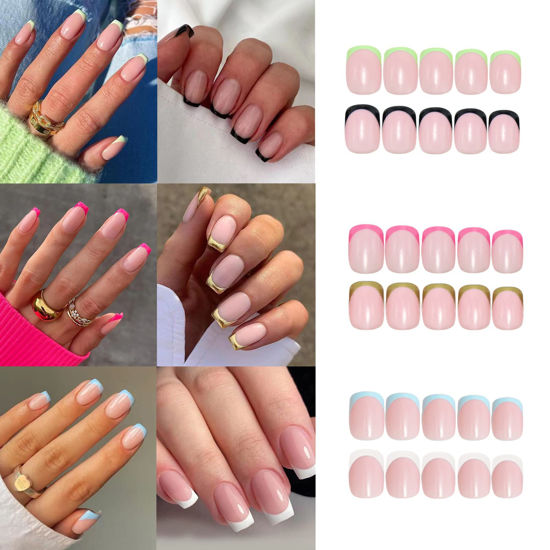 Picture of 6 Packs (144 Pcs) French Tip Press on Nails, Misssix Short Fake Square Glue on Nails Set with Adhesive Tabs Nail File for Women