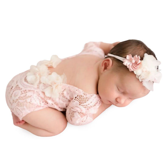 Picture of Yuehuam Newborn Girl Photography Outfits Cute Lace Rompers Photography Props with Flower Headband Baby Photo Props Bodysuit Outfit