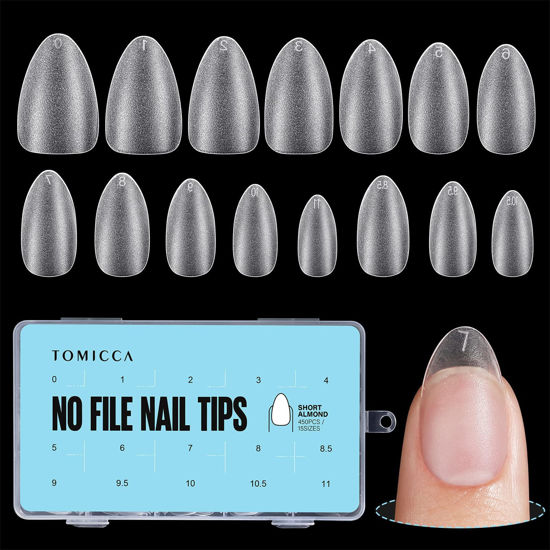 Picture of TOMICCA Short Almond Nail Tips - 450Pcs Soft Gel Nail Tips Kit, 15 Sizes Acrylic Pre Buffed Almond False Tips, Full Cover Double-sided Matte Nails for Nail Art Extension Press on Nails