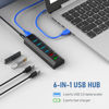 Picture of USB Hub, Aiibe 6 Ports Super High Speed USB 3.0 Hub Splitter + 24W Power Adapter + USB 3.0 Cable, Black Smart Fast Charger Powered USB Hub for Laptop, Mac, PC, Mobile HDD, Mulitple Devices