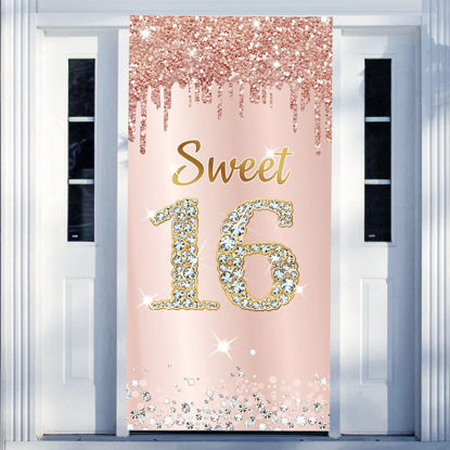 Picture of Sweet 16 Birthday Door Banner Backdrop Decorations for Girls, Pink Rose Gold Happy 16th Birthday Party Door Cover Sign Supplies, Sixteen Year Old Birthday Poster Photo Booth Props Decor