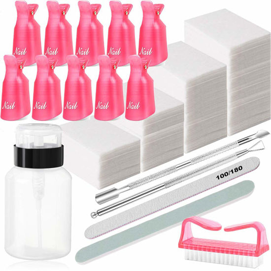 Picture of Nail Polish Gel Remover Tools Kit, Soak Off Cap Clip, 200ml Dispenser Bottle, UV Gel Polish Cuticle Pusher, 600 PCS Cotton Pads, Handle Brushes, 100/180 Nail File, Buffer Block, Finger Separators