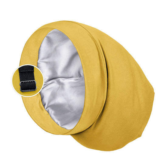 Picture of Satin Lined Sleep Cap Bonnet for Curly Hair and Braids, Stay On All Night Hair Wrap with Adjustable Strap for Women and Men, Yellow, Pack of 1