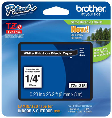 Picture of Brother Genuine P-Touch TZE-315 Tape, 1/4" (0.23") Wide Standard Laminated Tape, White on Black, Laminated for Indoor or Outdoor Use, Water-Resistant, 0.23" x 26.2' (6mm x 8M), Single-Pack, TZE315