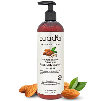 Picture of PURA D'OR Organic Sweet Almond Oil (16oz) USDA Certified 100% Pure & Natural Carrier Oil - Hexane Free - Skin & Face - Facial Polish, Full Body, Massages, DIY Base (Packaging may vary)