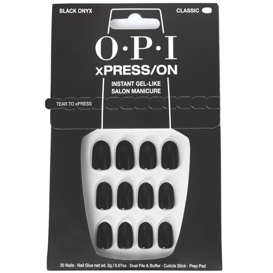 Picture of OPI xPRESS/ON Press On Nails, Up to 14 Days of Wear, Gel-Like Salon Manicure, Vegan, Sustainable Packaging, With Nail Glue, Short Black Nails, Black Onyx