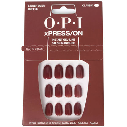 Picture of OPI xPRESS/ON Press On Nails, Up to 14 Days of Wear, Gel-Like Salon Manicure, Vegan, Sustainable Packaging, With Nail Glue, Short Brown Nails, Linger Over Coffee