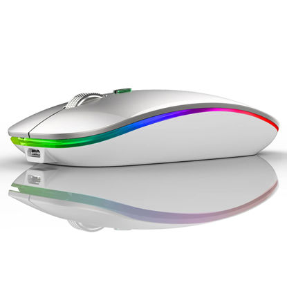 Picture of Uiosmuph LED Wireless Mouse, G12 Slim Rechargeable Silent Mouse, 2.4G Portable Optical Computer Mice with USB Receiver and Type C Adapter (Silver)