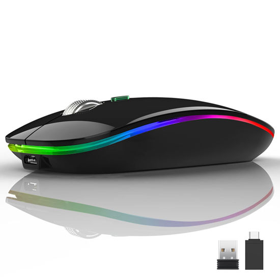 Picture of Uiosmuph LED Wireless Silent Mouse, G12 Slim Rechargeable, 2.4G Portable Optical Computer Mice with USB Receiver and Type C Adapter (Black)