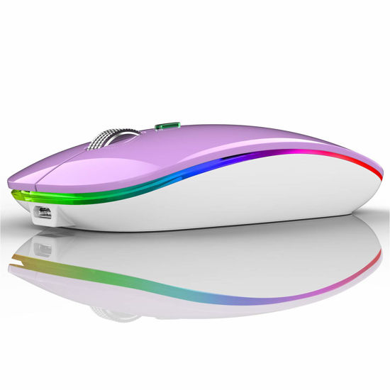 Picture of Uiosmuph LED Wireless Mouse, G12 Slim Rechargeable Wireless Silent Mouse, 2.4G Portable Optical Computer Mice with USB Receiver and Type C Adapter (Purple)