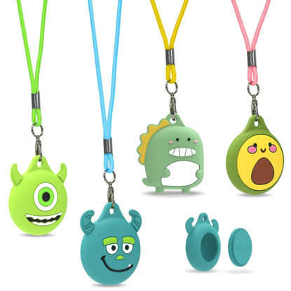 Picture of Cartoon kids Air Tag Necklace Adjustable Hidden Holder for Apple Air Tag, Cute Soft Silicone Anti-Lost Waterproof Case with Key Ring (Green)[4Pack]