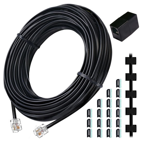 Picture of moeverEX Phone Cord 50FT, Landline Telephone Cable with RJ11 Plug, Includes Telephone Inline RJ11 Splitter and 20Pcs Cable Clips(Black)