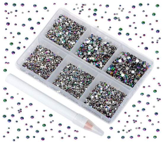 Picture of Bymitel 7200 Pieces 6 Mixed Sizes Glue Fix on Glass Rhinestones Round Crystal Gems Flatback for DIY Jewelry Making with one Picking Pen(6-Sizes 7200PCS, Green Valcano)