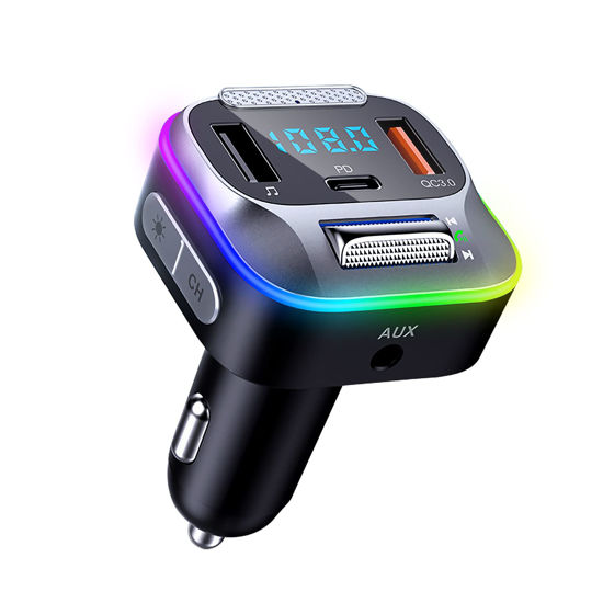 Picture of AVNICUD Bluetooth FM Transmitter, 2023 Stronger Hi-Fi Bass Sound Wireless Car Radio Adapter with 7 Colors LED, Hands Free Calls, 30W PD&QC3.0 Fast Charging AUX and U Disk Bluetooth Car Adapter