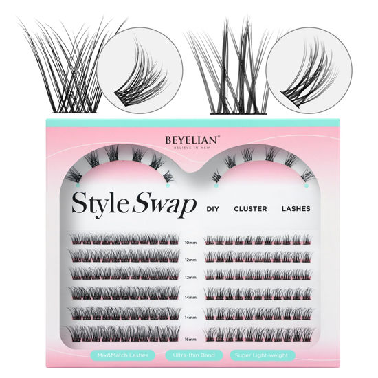 Picture of BEYELIAN Lash Clusters, 144 Pcs 10-16mm C Curl Individual Cluster Lashes Natural Look Soft DIY Lash Extensions Black Super Thin Band DIY Eyelash Extension Style CDD11+ CDD12